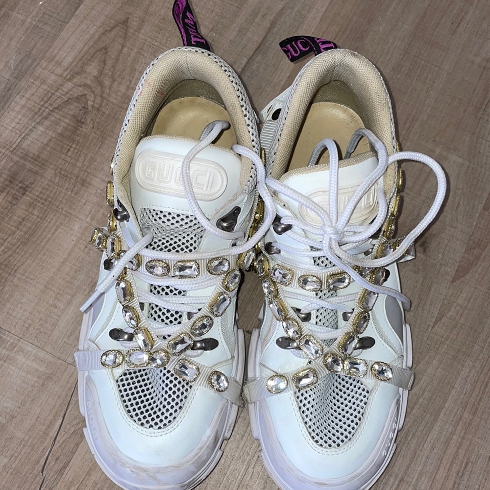 GUCCI WOMENS FLASHTREK CHUNKY LEATHER SNEAKERS GEMS RHINESTONES